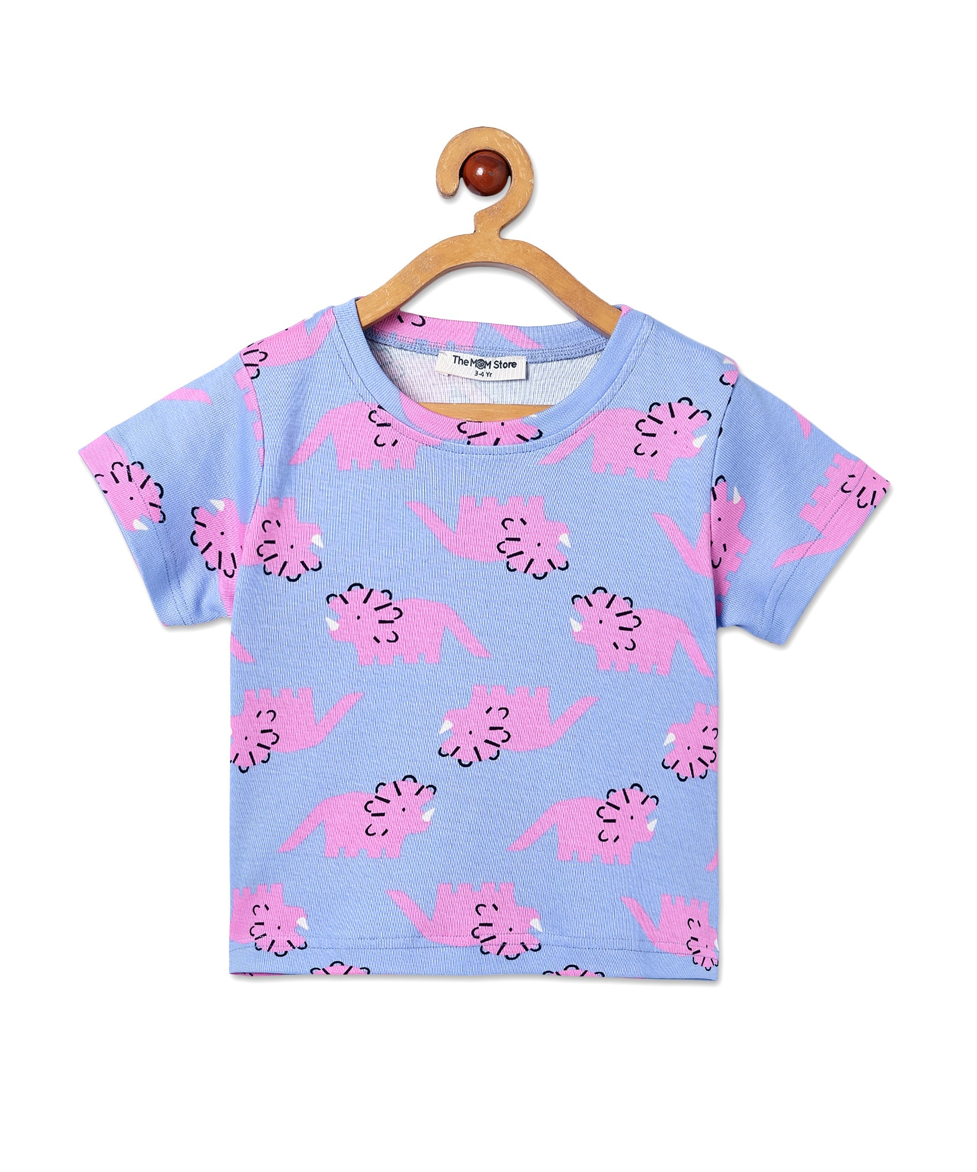 Front view of The Mom Store Roar & Rest short-sleeve pajama top with pink dinosaurs on blue background.
