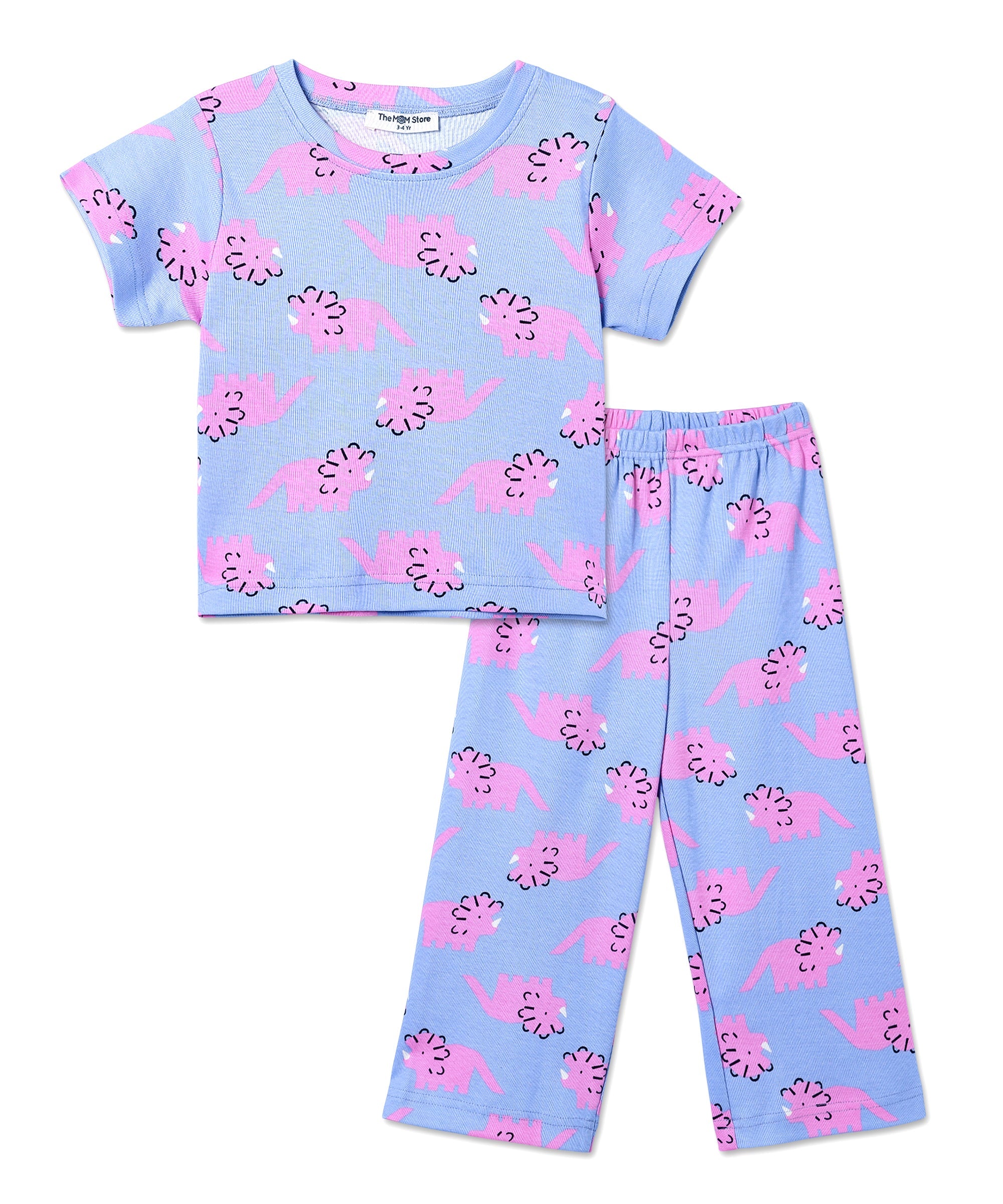 Flat lay of The Mom Store Roar & Rest short-sleeve pajama set with matching top and bottom in dinosaur pattern.