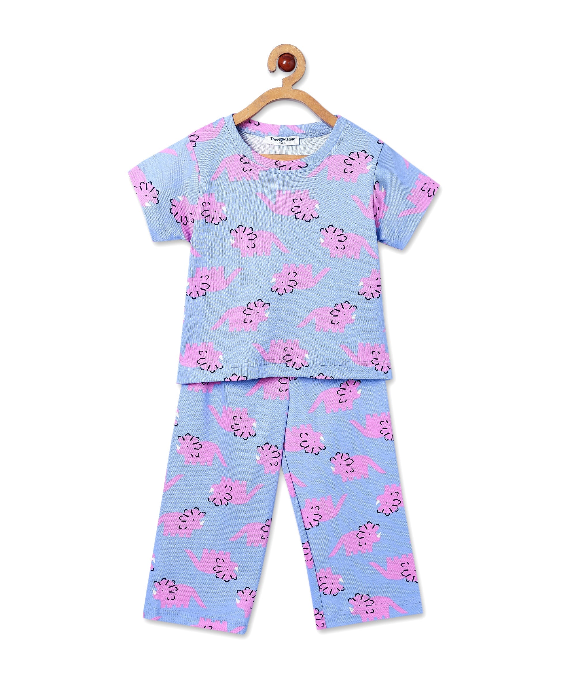 Front view of The Mom Store Roar & Rest pajama set on hanger – top and pants featuring pink dinosaurs on blue base.