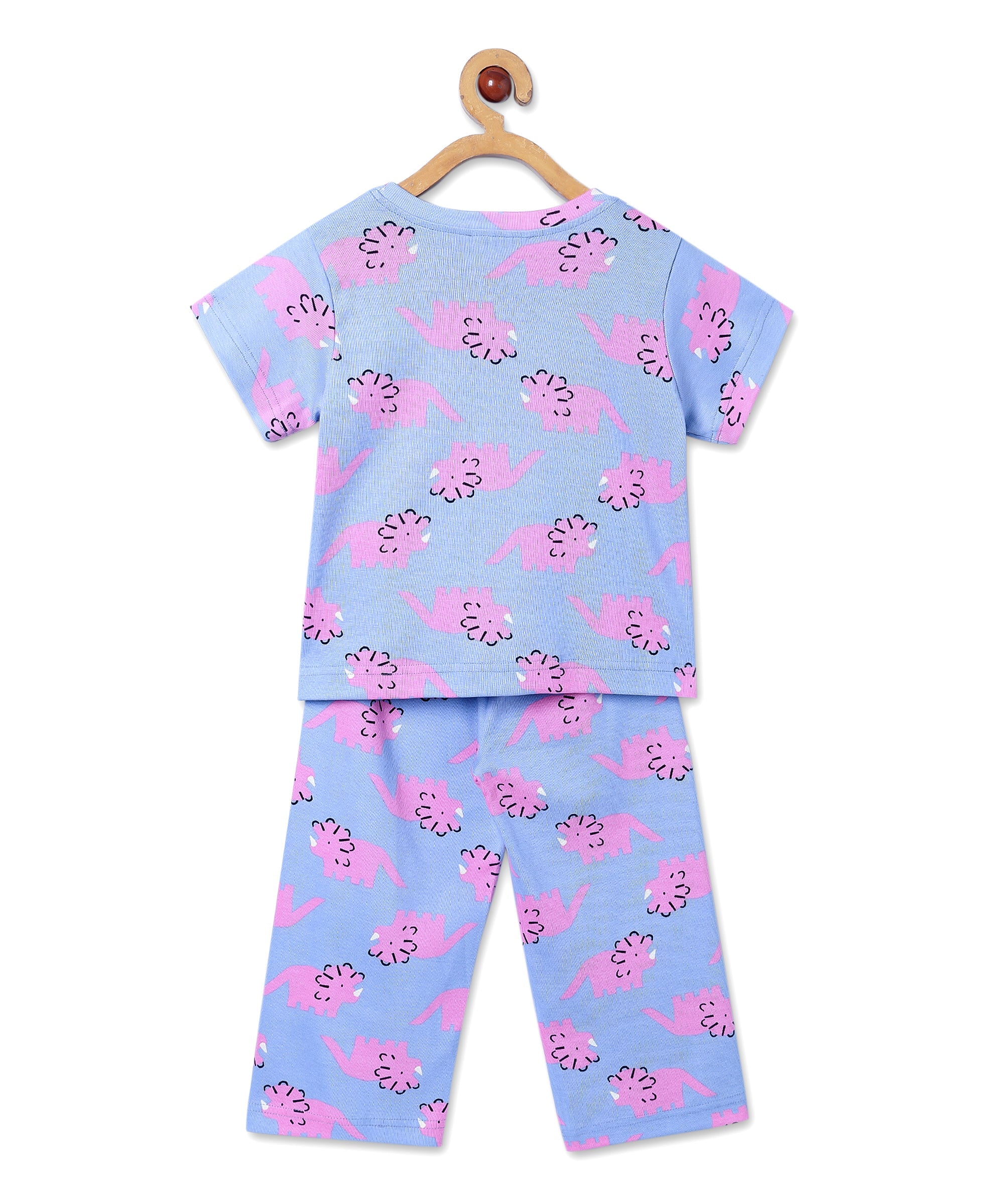 Back view of The Mom Store Roar & Rest pajama set on hanger displaying all-over dinosaur print.