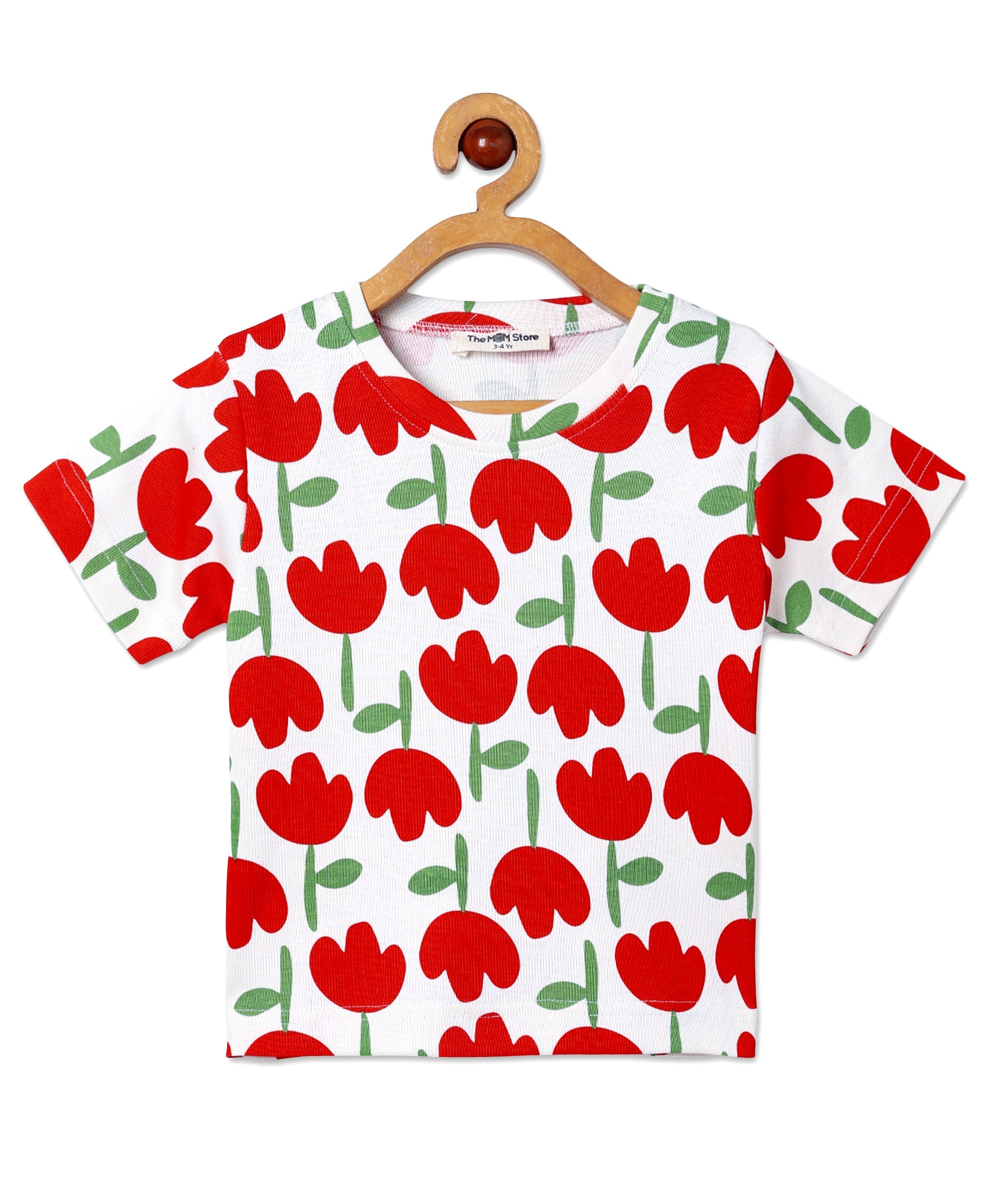 he Mom Store Tulip Twinkle short-sleeve pajama top displayed on hanger – red tulip floral print on white base.