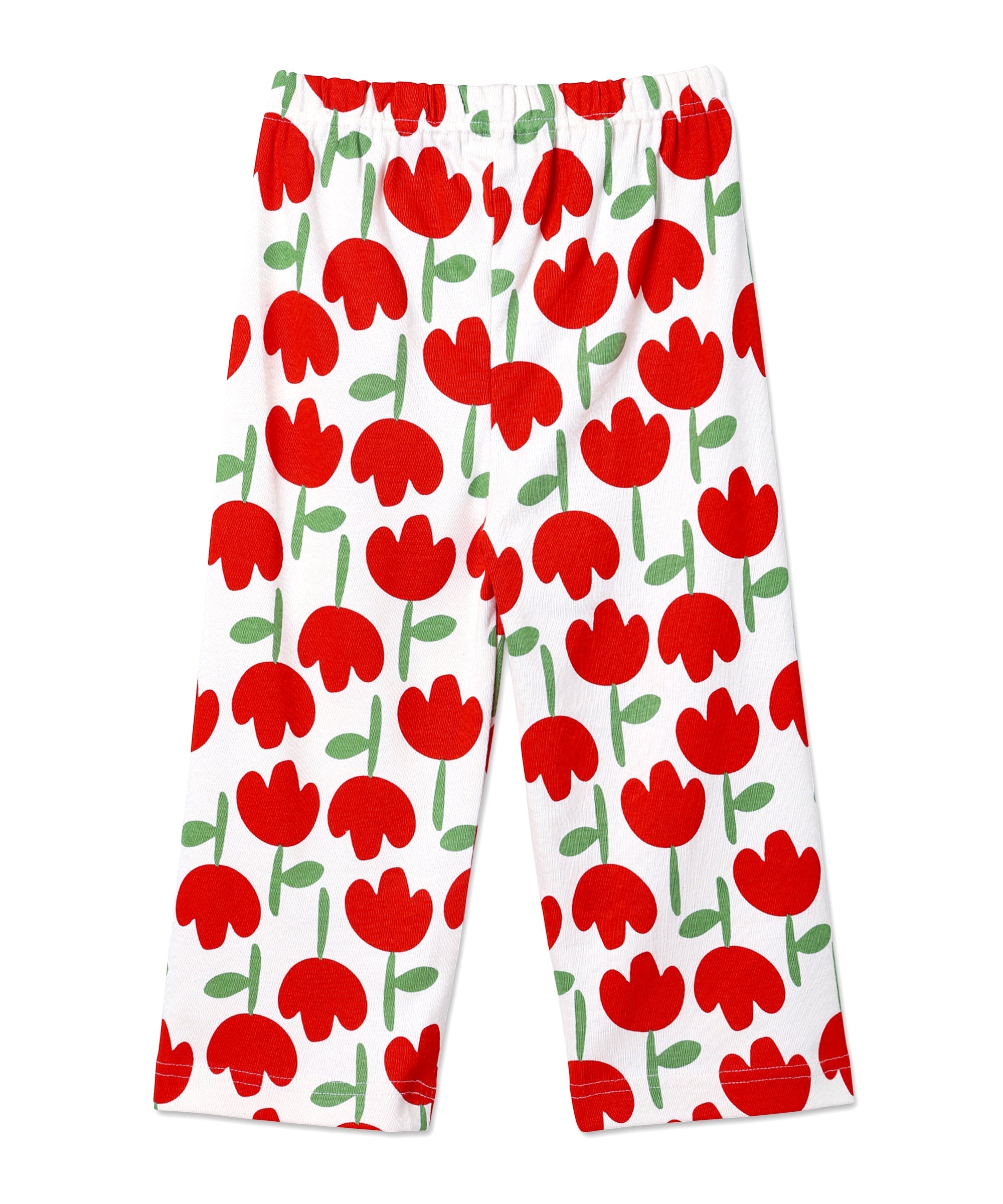 Full view of pajama pants from The Mom Store Tulip Twinkle Set showing red tulip print and elastic waistband