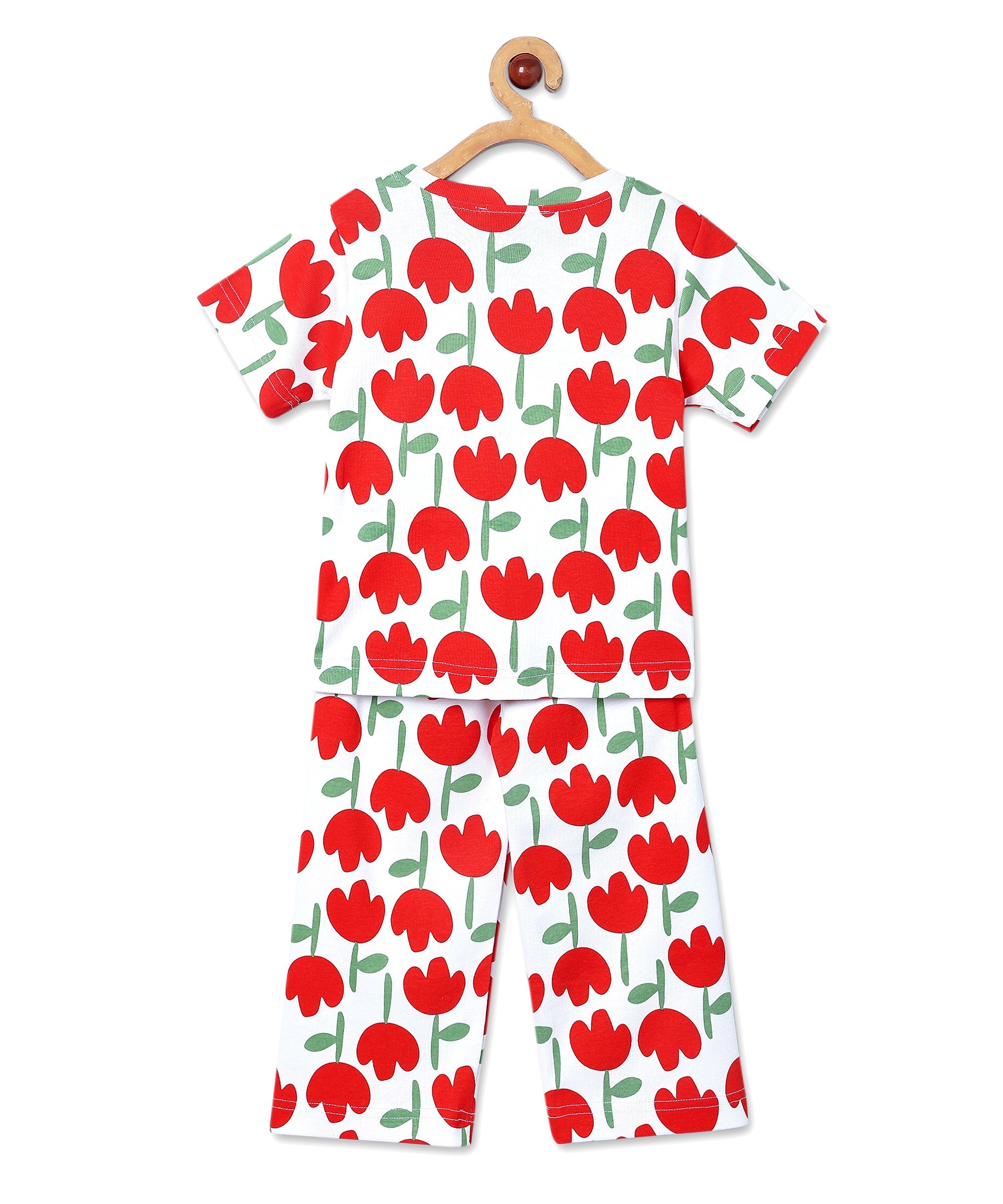 Back view of The Mom Store Tulip Twinkle Pajama Set on hanger showing the full floral pattern on both pieces.