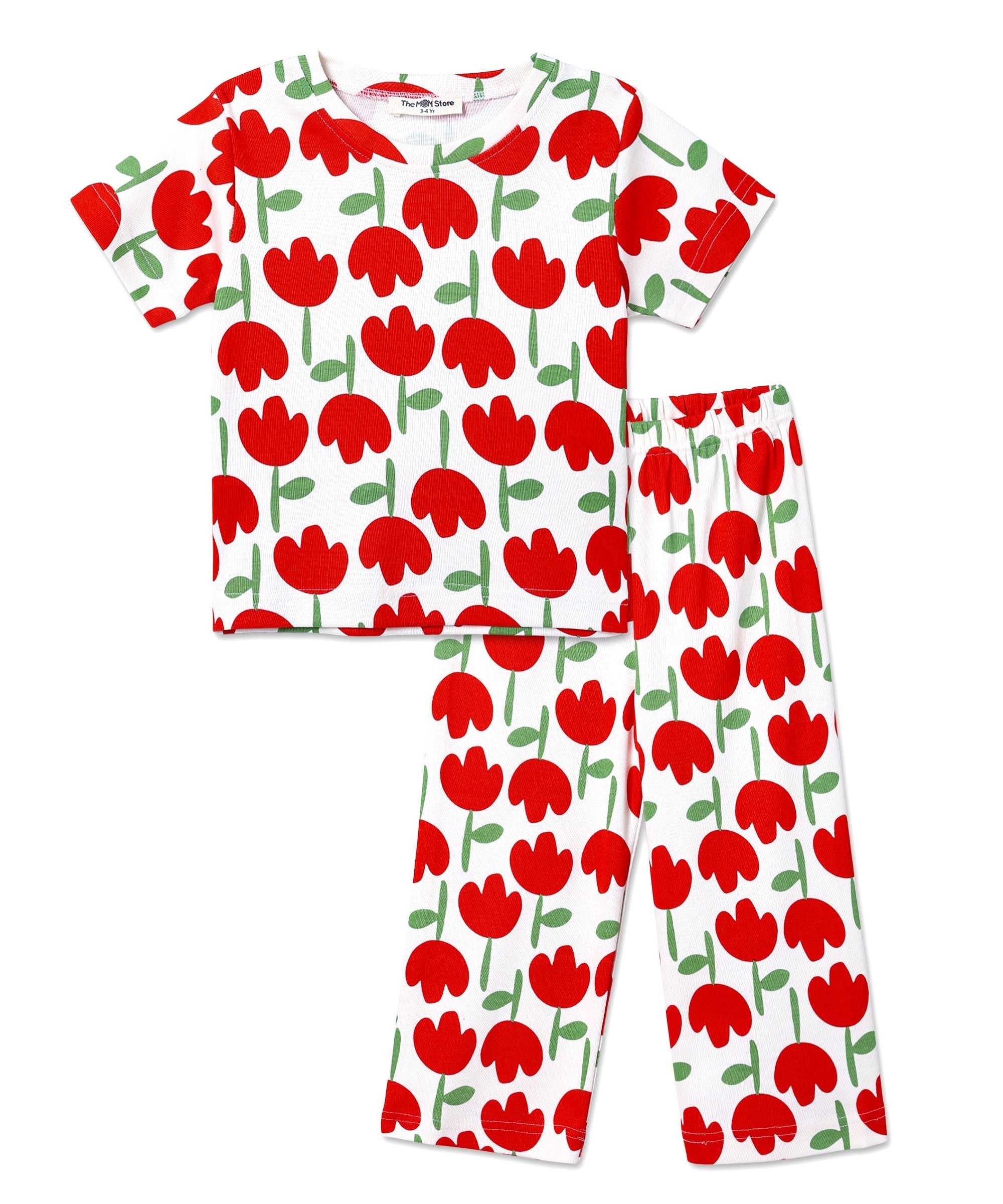 Flat lay of The Mom Store Tulip Twinkle kids pajama top and pants set featuring red tulip print on white background.