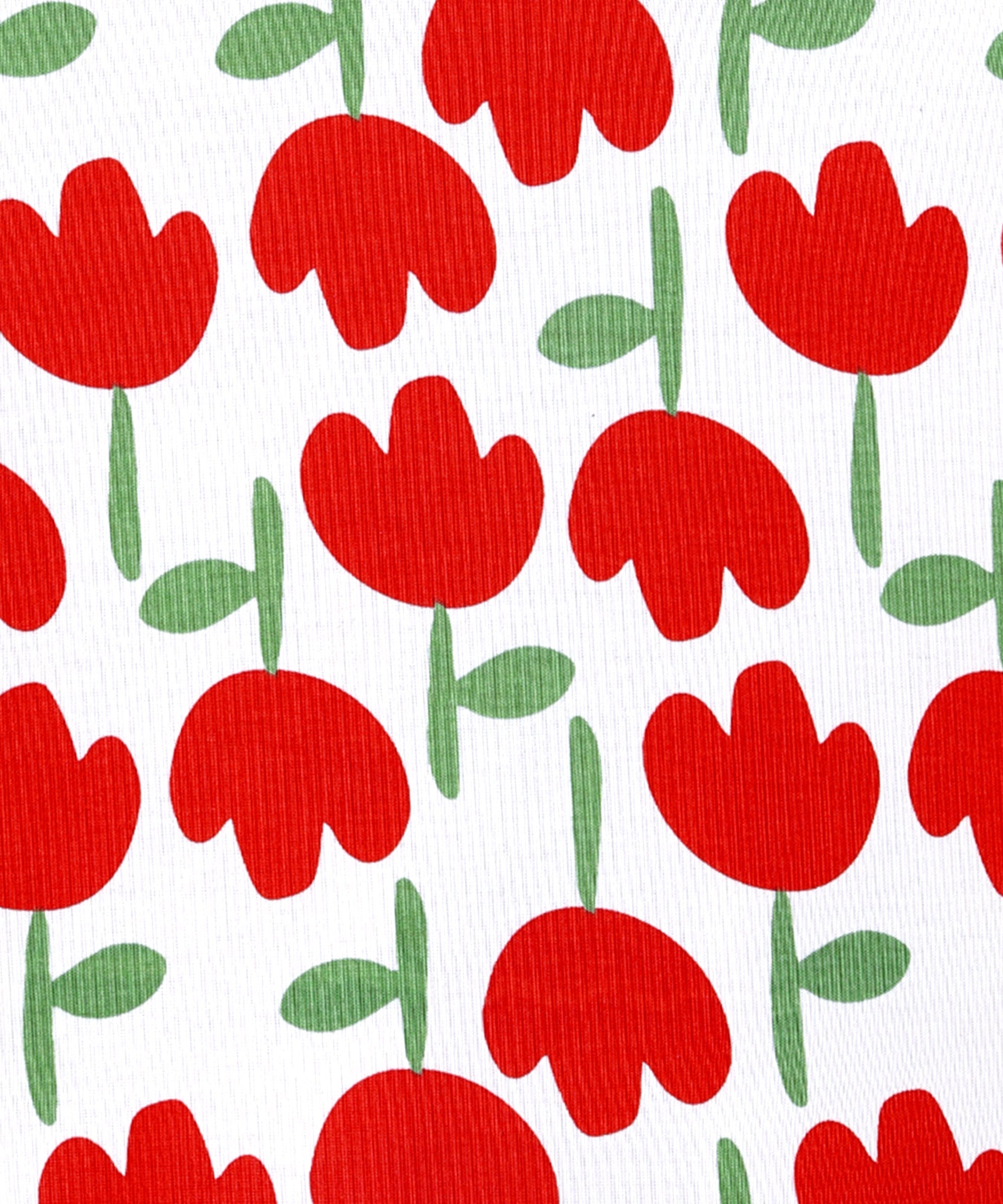 Close-up of red tulip floral print on white cotton fabric from The Mom Store Tulip Twinkle Pajama Set.