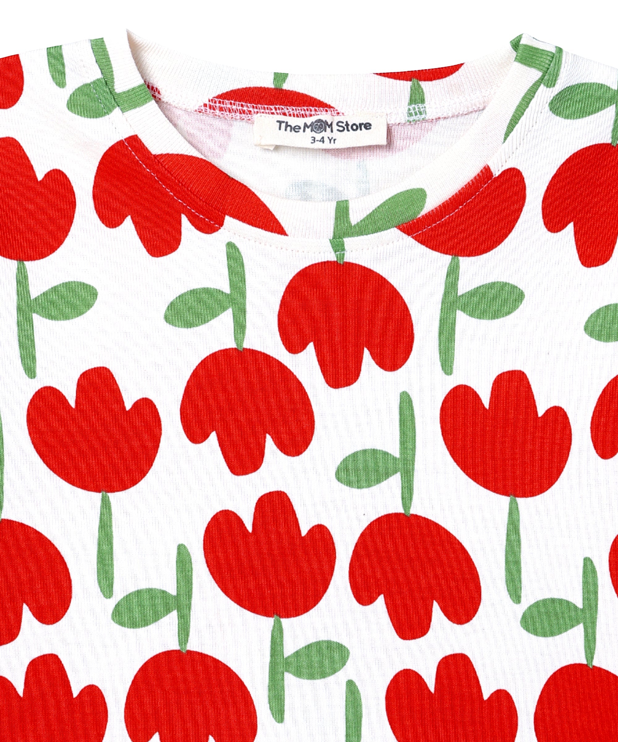 Neckline close-up of The Mom Store Tulip Twinkle pajama top showing the brand tag and red tulip print.
