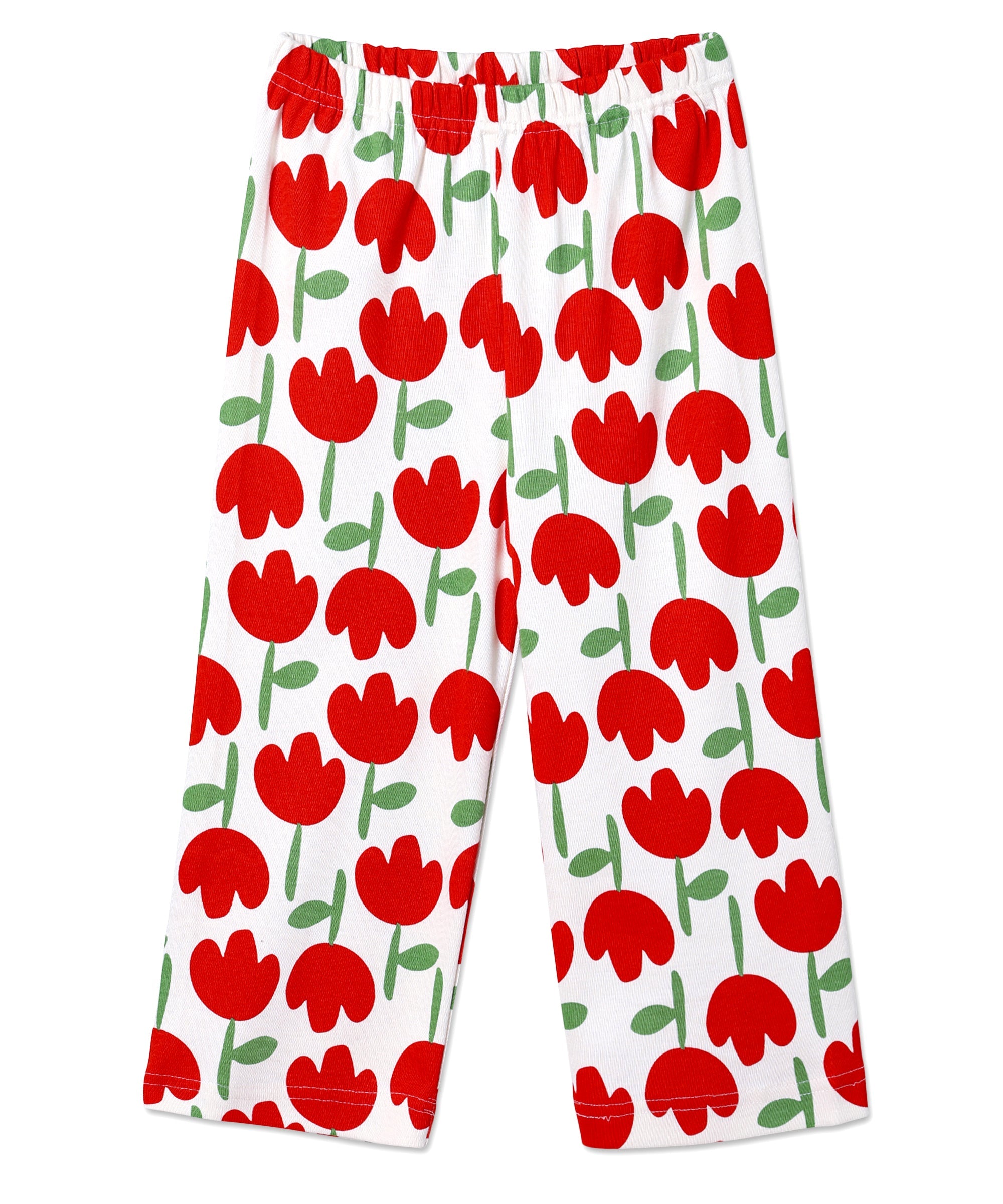 Full view of pajama pants from The Mom Store Tulip Twinkle Set showing red tulip print and elastic waistband