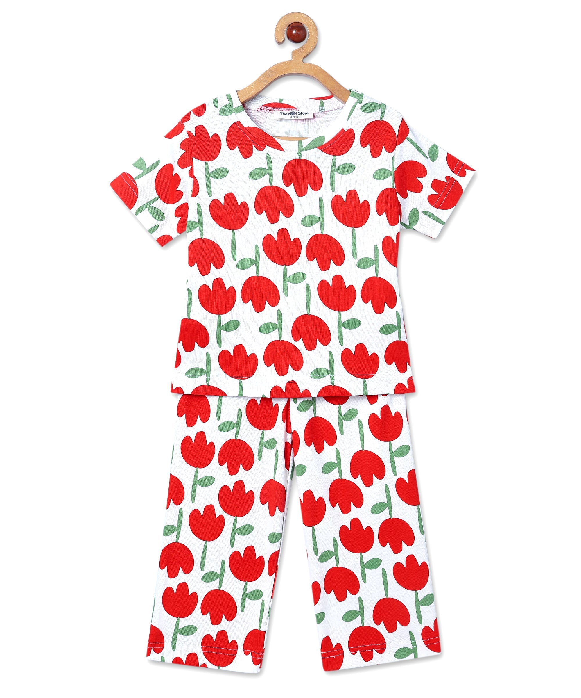 Front view of The Mom Store Tulip Twinkle pajama pants with all-over tulip pattern and relaxed fit.
