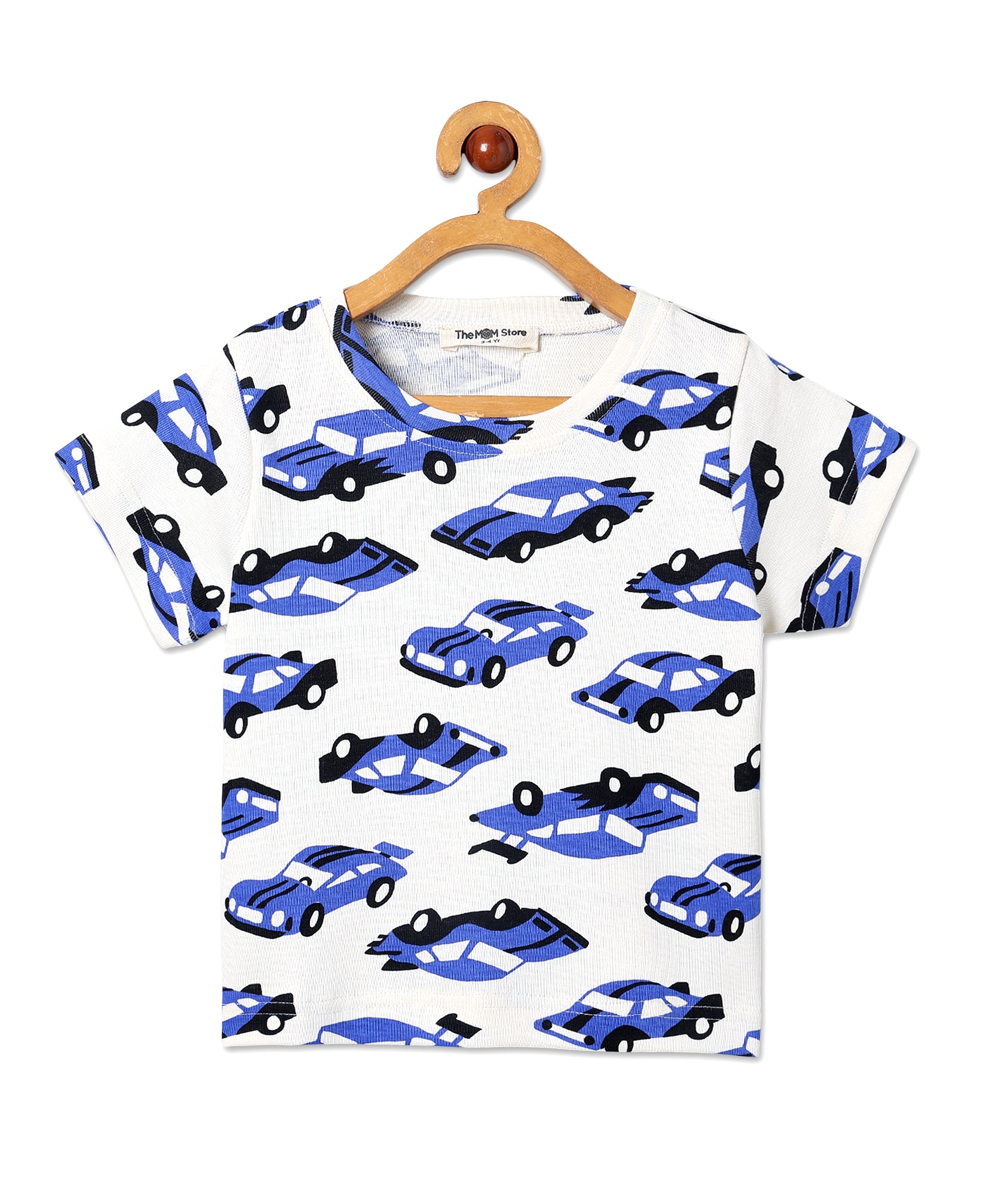 Front view of The Mom Store Zoomy Dreams short-sleeve pajama top featuring car motifs in blue and black.