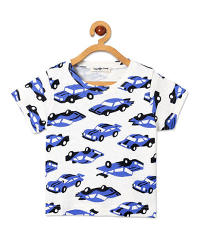 Front view of The Mom Store Zoomy Dreams short-sleeve pajama top featuring car motifs in blue and black.