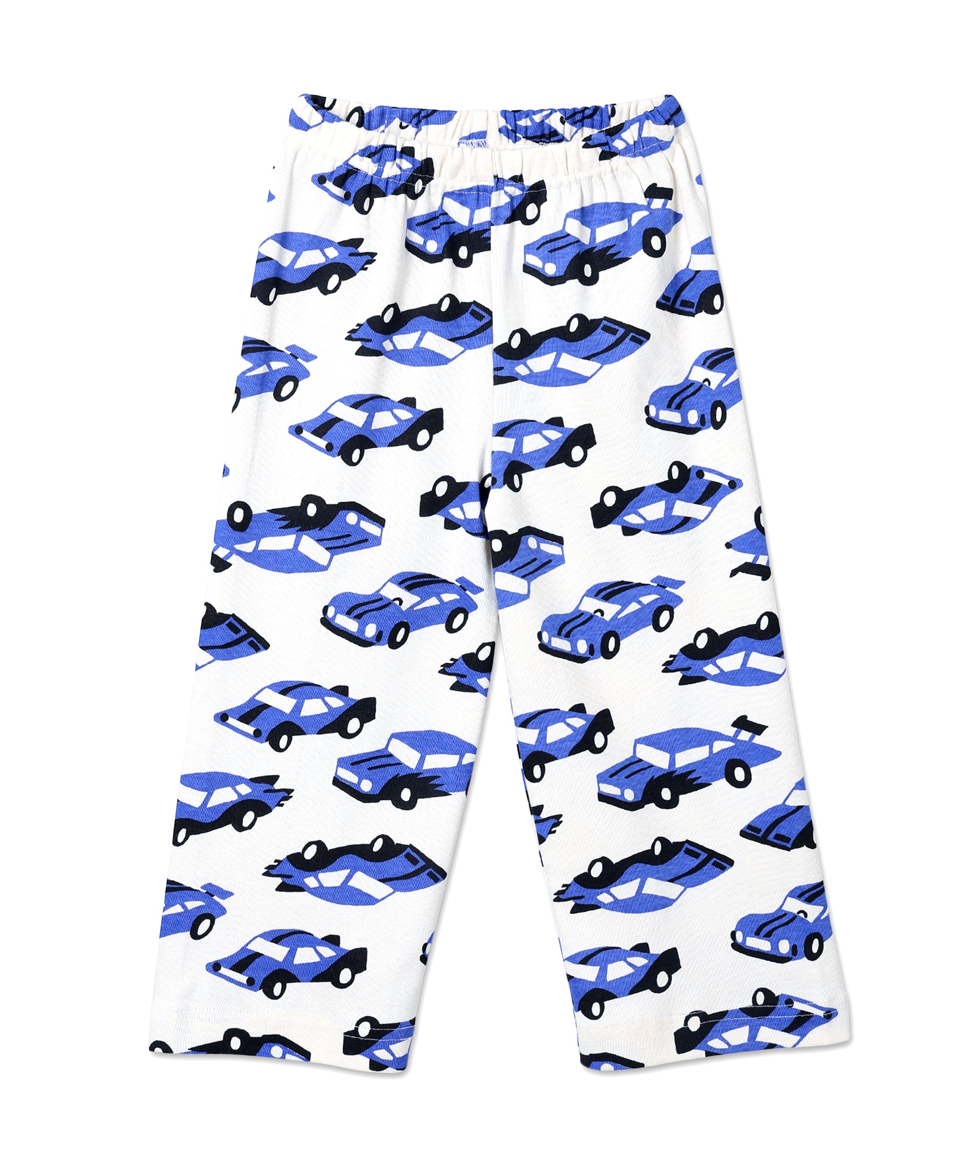 front view of The Mom Store Zoomy Dreams pajama pants showcasing repeated car print and soft cotton material.