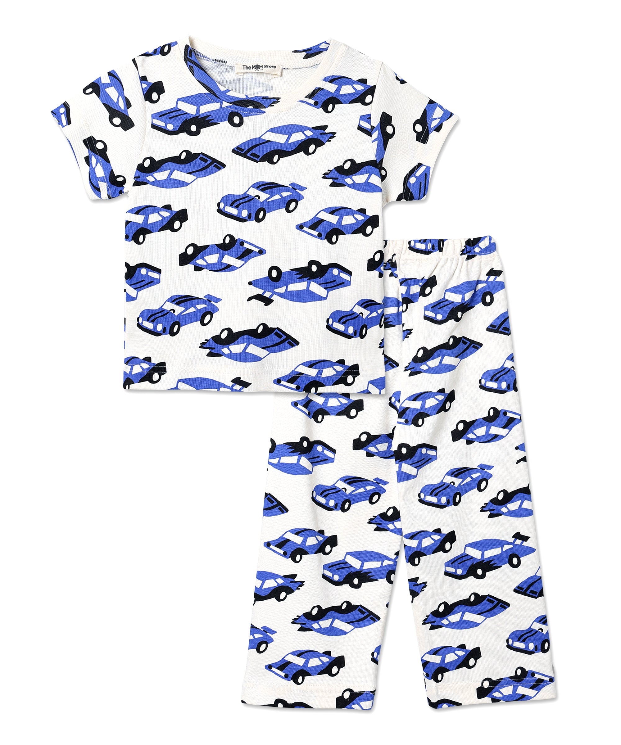 Flat lay of The Mom Store Zoomy Dreams short-sleeve pajama set with matching car-printed top and bottom.