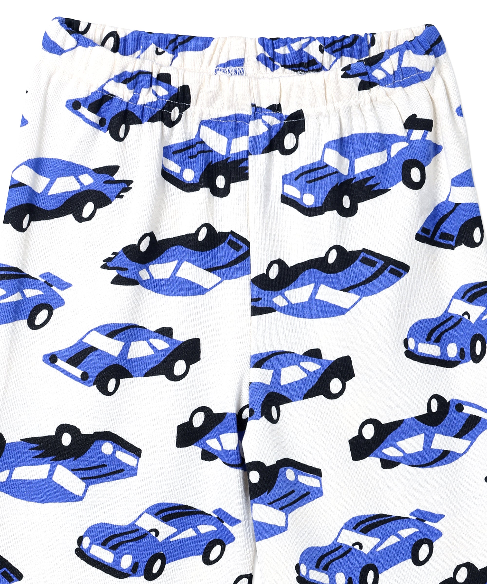 Close-up of pajama pants waistband from The Mom Store Zoomy Dreams Set, showing elastic waist and blue car pattern.