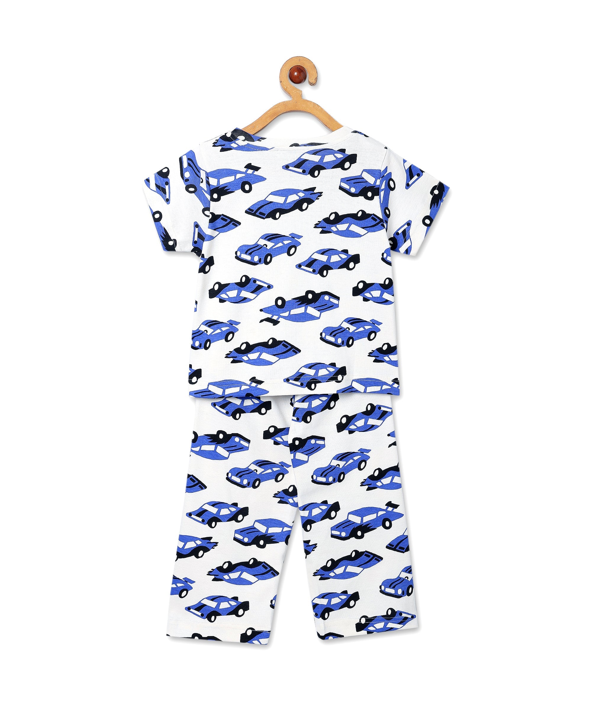 Back view of The Mom Store Zoomy Dreams Pajama Set on hanger with full blue car pattern on white base.