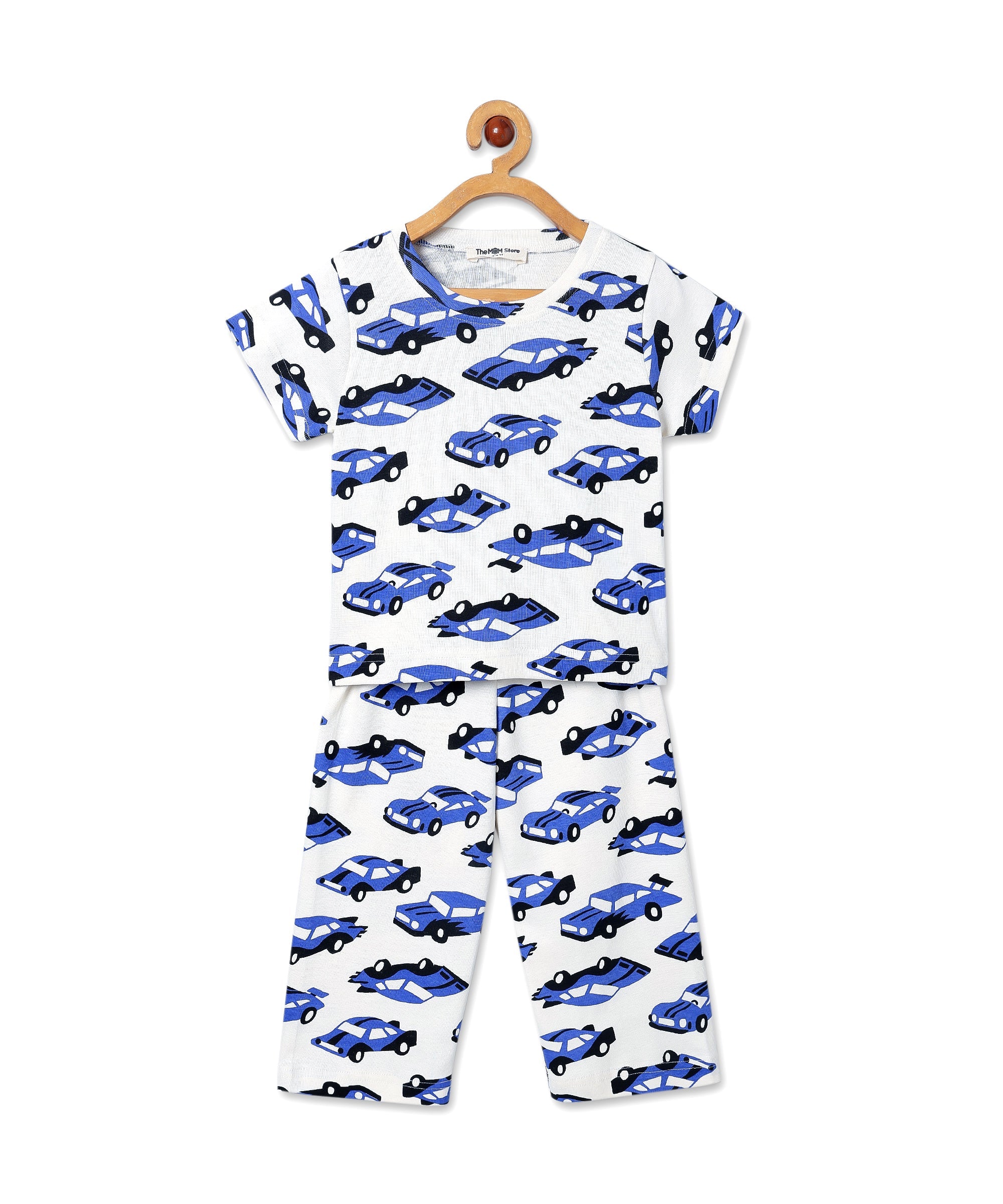 Front view of The Mom Store Zoomy Dreams Pajama Set on hanger – white cotton set with blue car print.