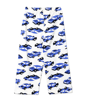 Back view of The Mom Store Zoomy Dreams pajama pants showcasing repeated car print and soft cotton material.