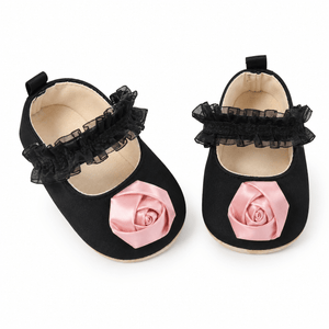 Baby doe Black Satin Rose Prewalker - 6-9M Kids Shoes & Socks