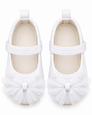 Baby Doe White Pearl Bow Ballerina Prewalker - 6-9M Kids Shoes & Socks