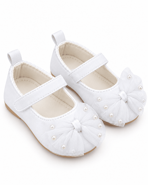 Baby Doe White Pearl Bow Ballerina Prewalker - 6-9M Kids Shoes & Socks