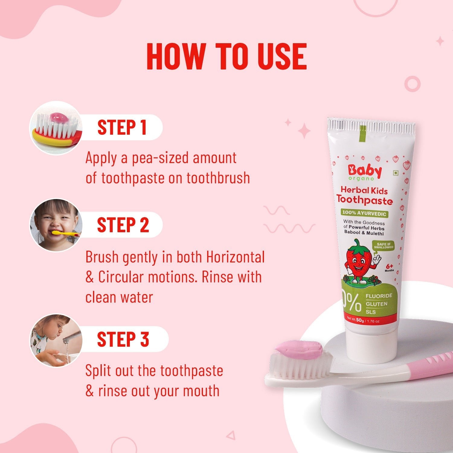 Baby Organo Herbal Kids Toothpaste (1 - 2 Years) Strawberry Flavor 50gm | Fluoride, SLS Free - BOTOOTHPASTE