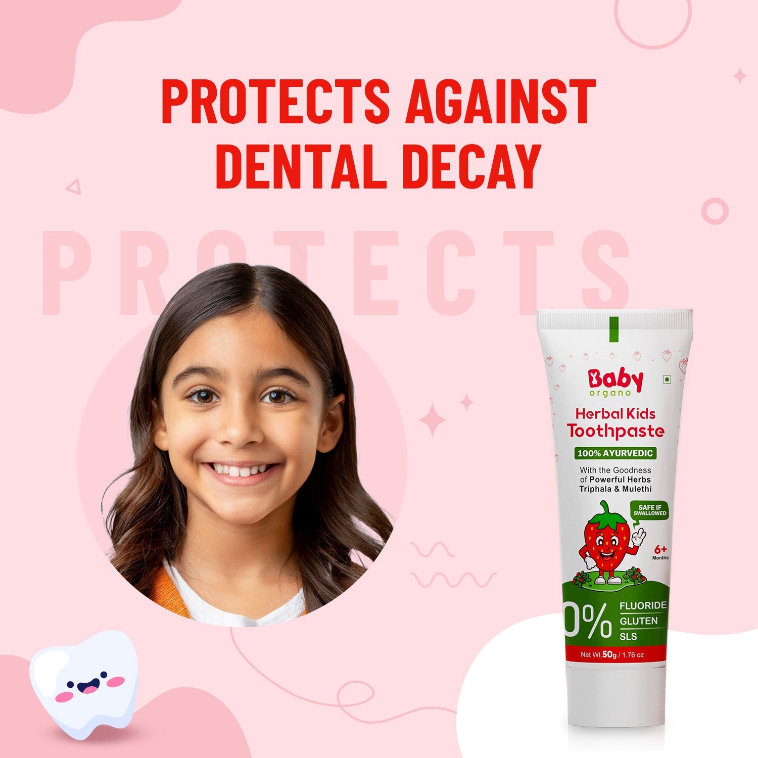 Baby Organo Herbal Kids Toothpaste (1 - 2 Years) Strawberry Flavor 50gm | Fluoride, SLS Free - BOTOOTHPASTE