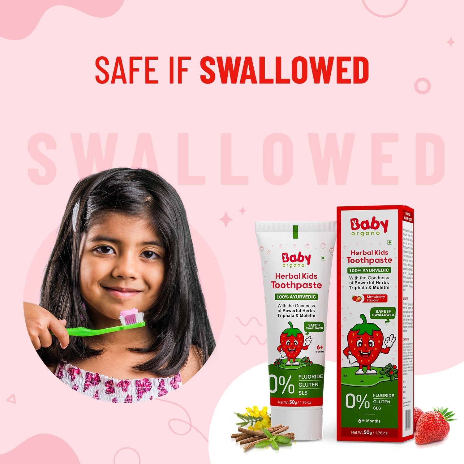 Baby Organo Herbal Kids Toothpaste (1 - 2 Years) Strawberry Flavor 50gm | Fluoride, SLS Free - BOTOOTHPASTE