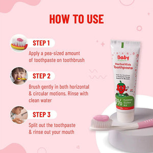 Baby Organo Herbal Kids Toothpaste (1 - 2 Years) Strawberry Flavor 50gm | Fluoride, SLS Free - Grooming