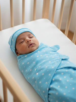 Baby Swaddle Blanket with Cap - Blue Star - Baby Swaddle Blankets