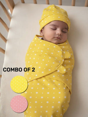 Baby Swaddle Combo - Yellow & Pink Star - 0 - 3 Months Baby Swaddle Blankets