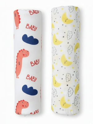 Baby Swaddle Wrap Combo - Baby Dino & Moon And Stars - Muslin Swaddle Wrap