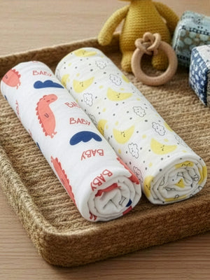 Baby Swaddle Wrap Combo - Baby Dino & Moon And Stars - Muslin Swaddle Wrap