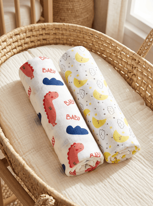 Baby Swaddle Wrap Combo- Baby Dino & Moon And Stars - Muslin Swaddle Wrap