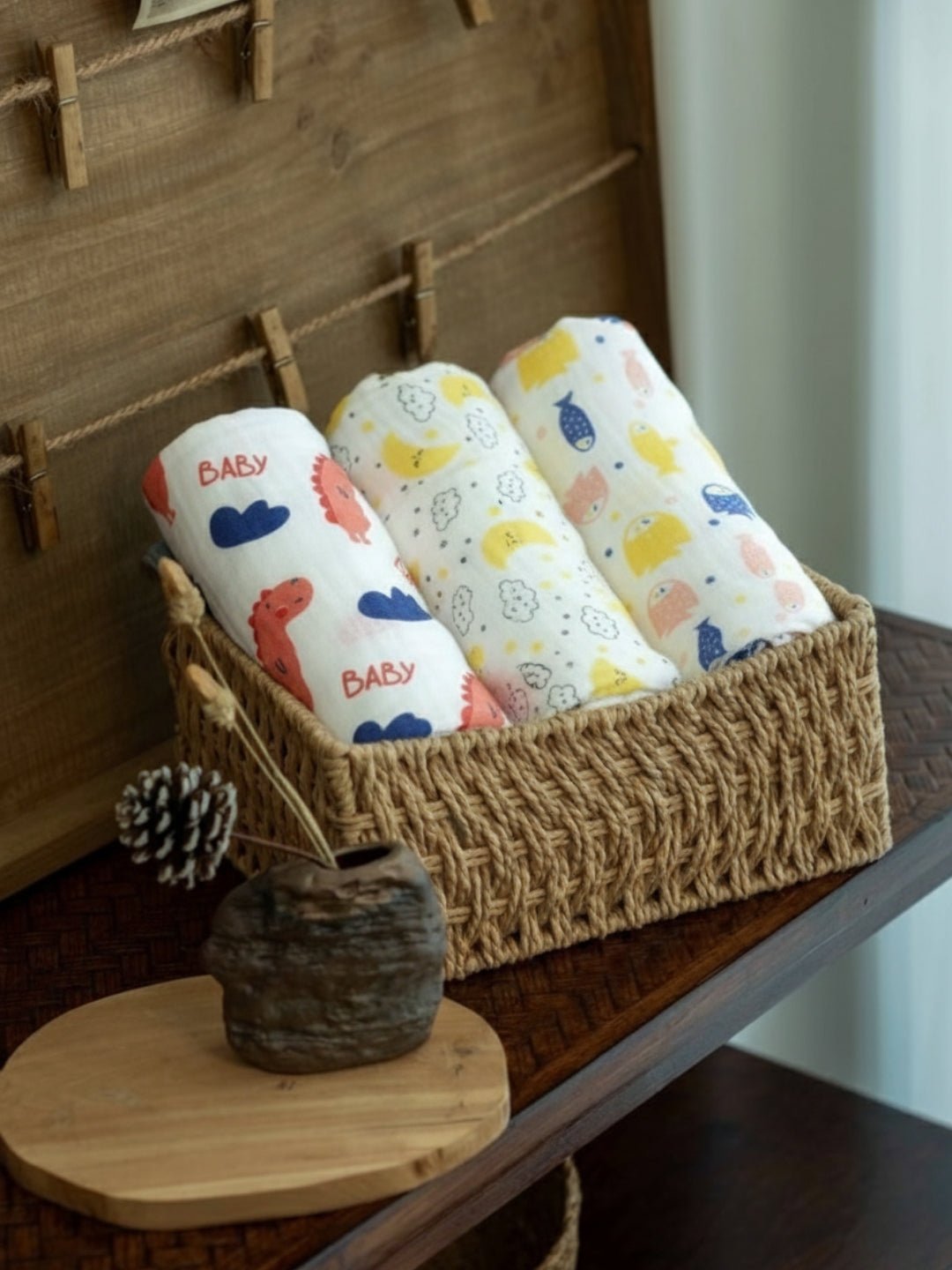 Baby Swaddle Wrap Combo - Baby Dino, Moon And Stars & Finding Nemoo - Muslin Swaddle Wrap