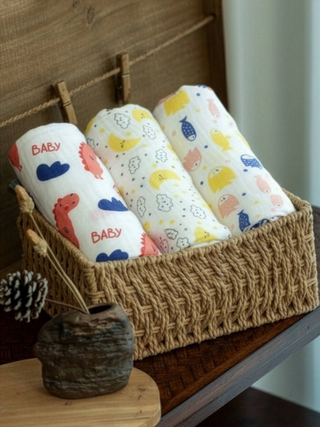 Baby Swaddle Wrap Combo - Baby Dino, Moon And Stars & Finding Nemoo - Muslin Swaddle Wrap