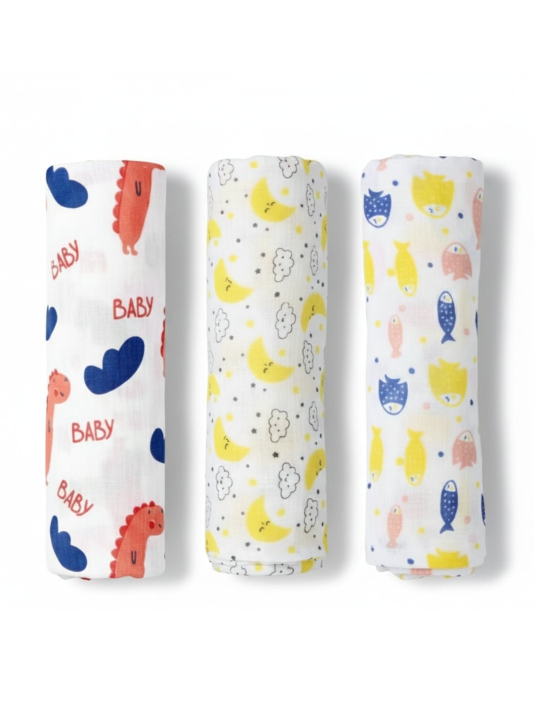 Baby Swaddle Wrap Combo - Baby Dino, Moon And Stars & Finding Nemoo - Muslin Swaddle Wrap