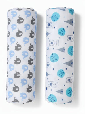Baby Swaddle Wrap Combo - Blue Forest & Mumbo Jumbo - Muslin Swaddle Wrap