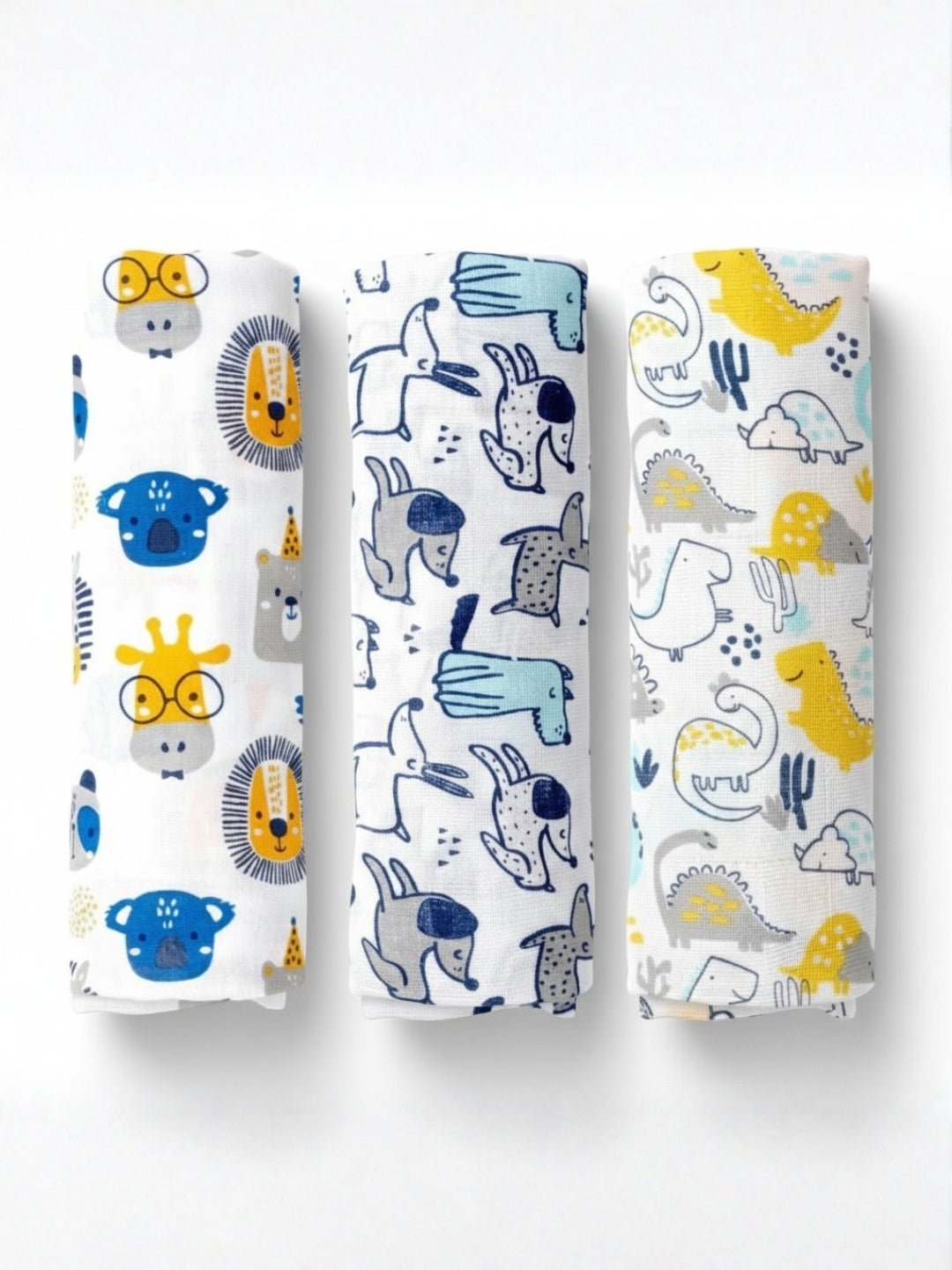Baby Swaddle Wrap Combo - Cute Puppy, Dino Forest & Guess the Animal - Muslin Swaddle Wrap