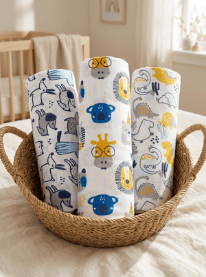 Baby Swaddle Wrap Combo- Cute Puppy, Dino Forest & Guess the Animal - Muslin Swaddle Wrap