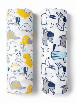 Baby Swaddle Wrap Combo - Dino Forest & Cute Puppy - Muslin Swaddle Wrap