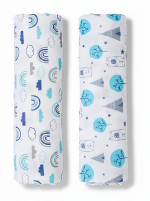 Baby Swaddle Wrap Combo - Happy Rainbow & Blue Forest - Muslin Swaddle Wrap