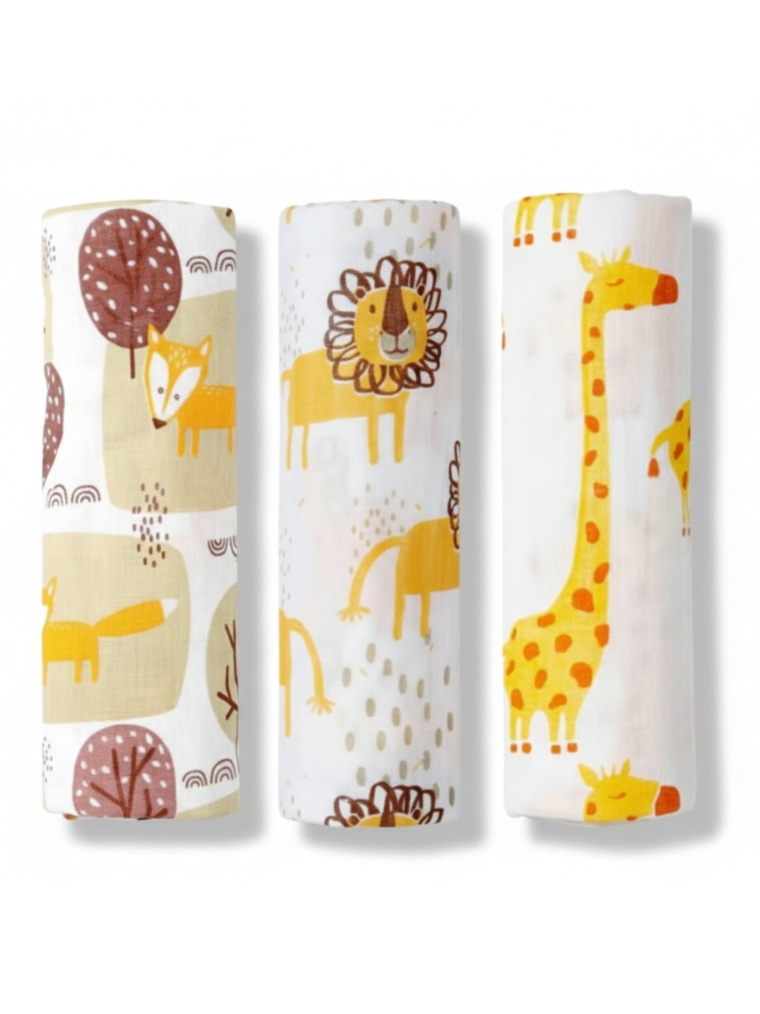 Baby Swaddle Wrap Combo - Little Fox, Jungle King & Tall As A Giraffe - Muslin Swaddle Wrap
