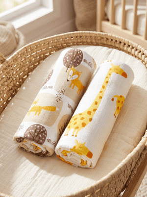Baby Swaddle Wrap Combo- Little Fox & Tall as a Giraffe - Muslin Swaddle Wrap