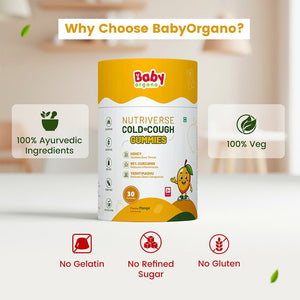 Babyorgano Cough & Cold Relief Gummies for Kids 2–15 Years | Soothes Dry Cough & Throat Irritation | Non-Drowsy Ayurvedic Formula | Gelatin-Free, Gluten-Free, Dairy-Free | Mango Flavour | 30 Gummies