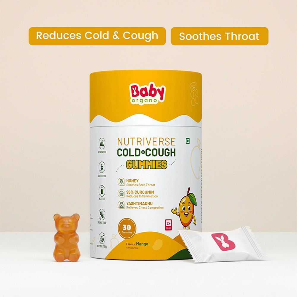 Babyorgano Cough & Cold Relief Gummies for Kids 2–15 Years | Soothes Dry Cough & Throat Irritation | Non-Drowsy Ayurvedic Formula | Gelatin-Free, Gluten-Free, Dairy-Free | Mango Flavour | 30 Gummies