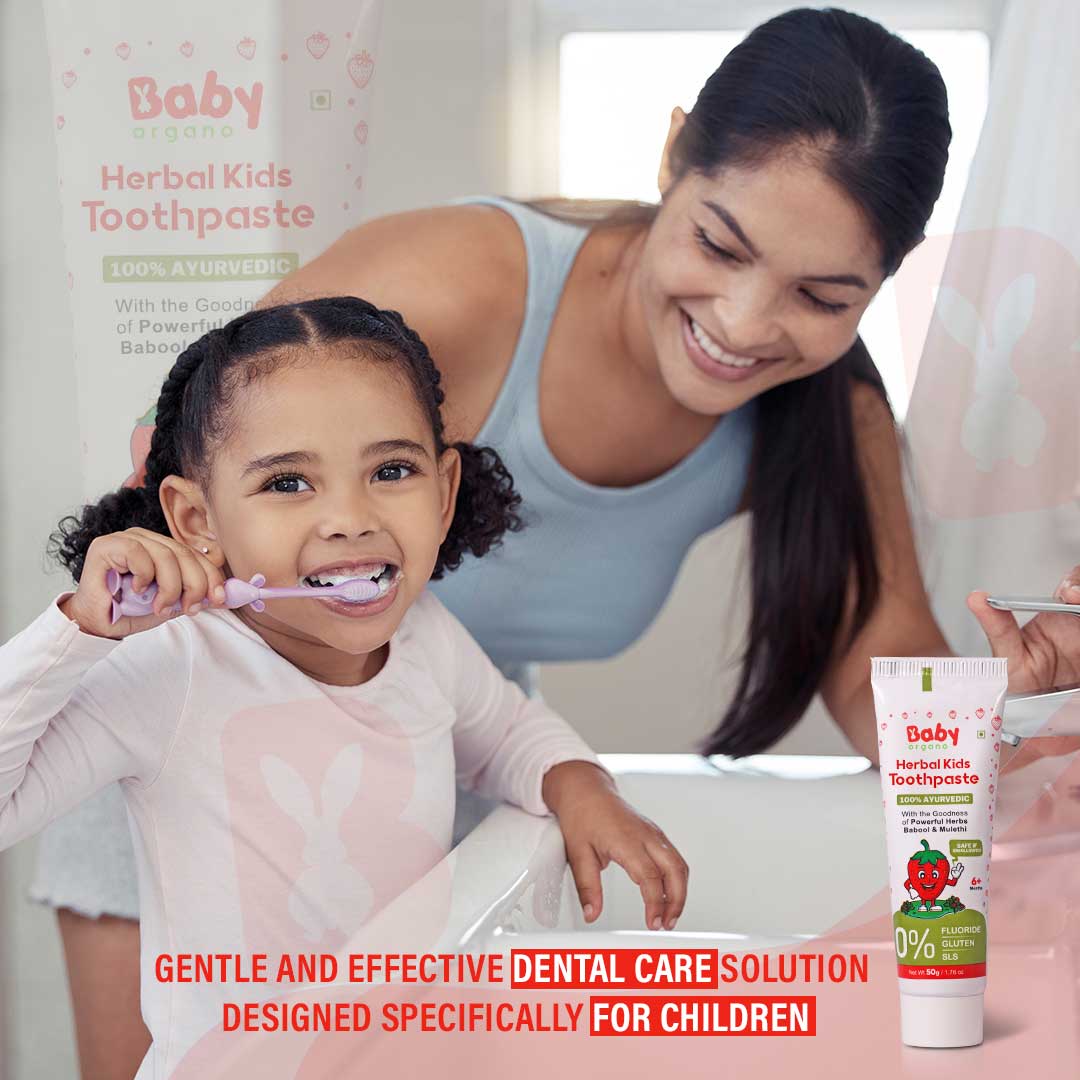 Baby Organo Herbal Kids Toothpaste (1-2 Years) Strawberry Flavor 50gm | Fluoride, SLS Free