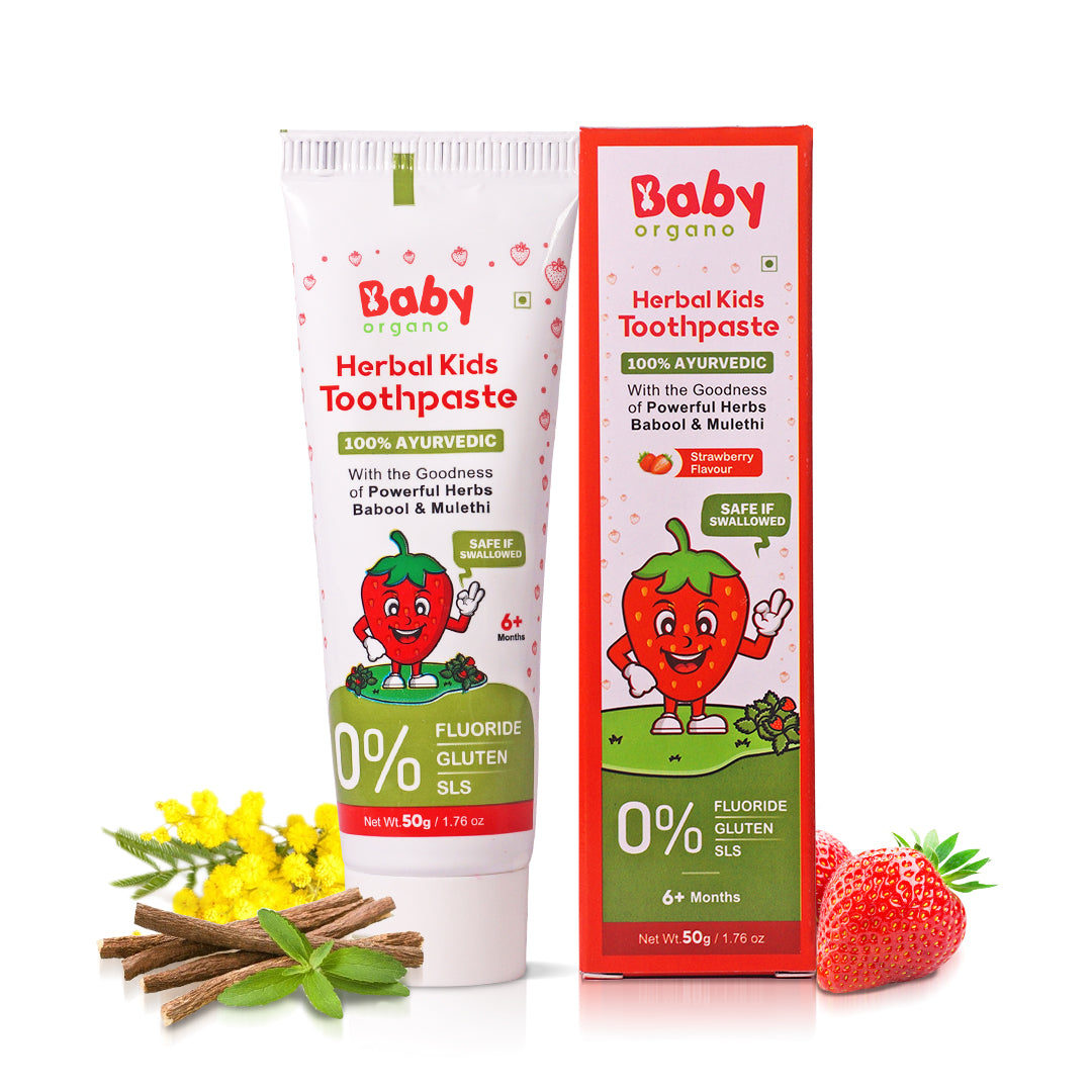 Baby Organo Herbal Kids Toothpaste (1-2 Years) Strawberry Flavor 50gm | Fluoride, SLS Free