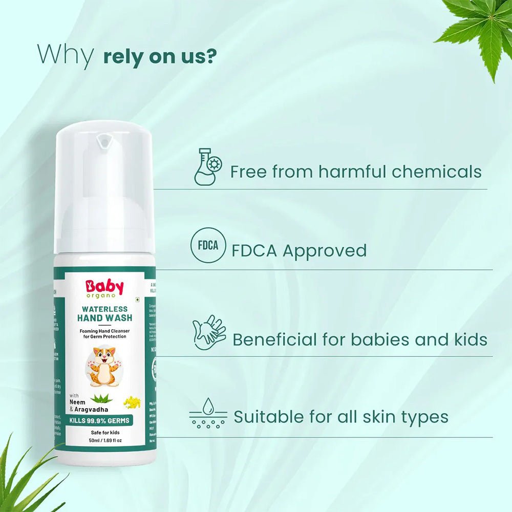 BabyOrgano® Non Alcoholic Foam Based Waterless Handwash for Kids, 100% Natural and Germ Protection Goodness of Aragvadha, Aloe Vera and Neem - 50ml - Baby Skincare