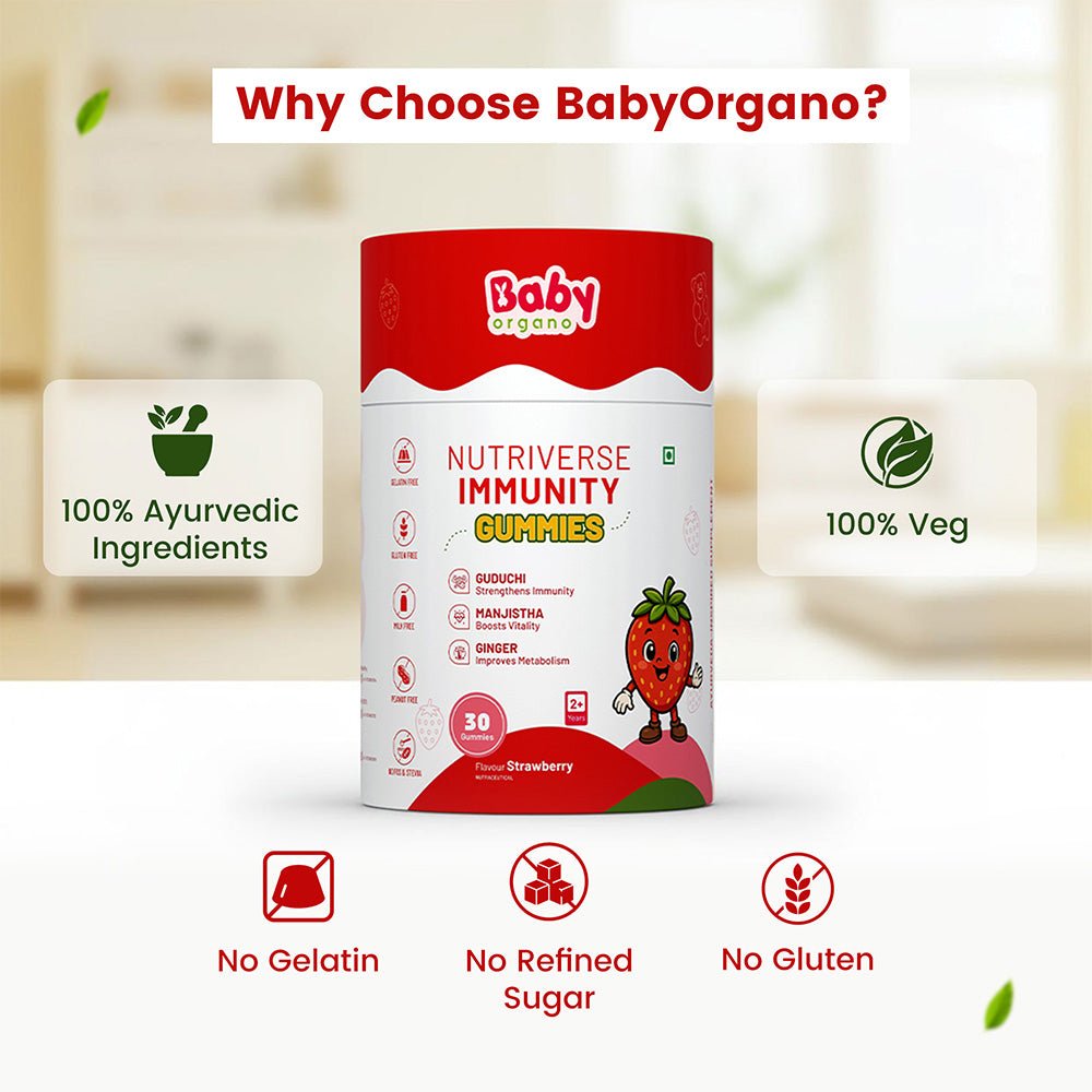 BabyOrgano Nutriverse Immunity Gummies for Kids (2-15 Years) | 4+ Ayurveda-Inspired Herbs | Boosts Stamina, Energy & Vitality | Gelatin-Free, Gluten-Free, Soy-Free | Strawberry Flavor | 30 Gummies