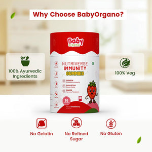 BabyOrgano Nutriverse Immunity Gummies for Kids (2-15 Years) | 4+ Ayurveda-Inspired Herbs | Boosts Stamina, Energy & Vitality | Gelatin-Free, Gluten-Free, Soy-Free | Strawberry Flavor | 30 Gummies