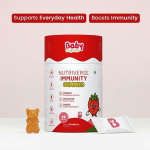 BabyOrgano Nutriverse Immunity Gummies for Kids (2-15 Years) | 4+ Ayurveda-Inspired Herbs | Boosts Stamina, Energy & Vitality | Gelatin-Free, Gluten-Free, Soy-Free | Strawberry Flavor | 30 Gummies